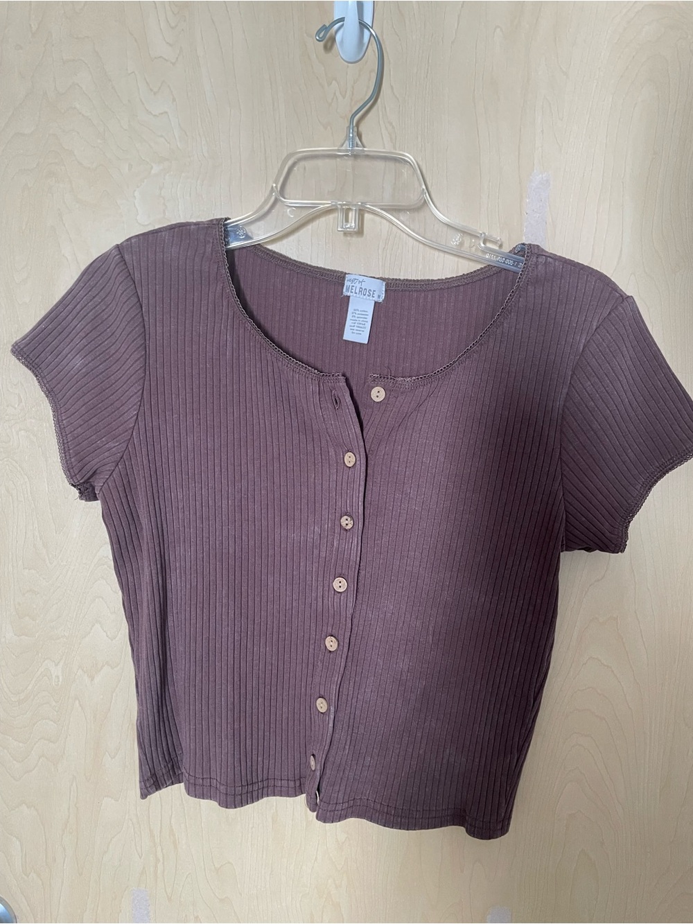 West of Melrose Ribbed Button-Front Crop Top in Brown